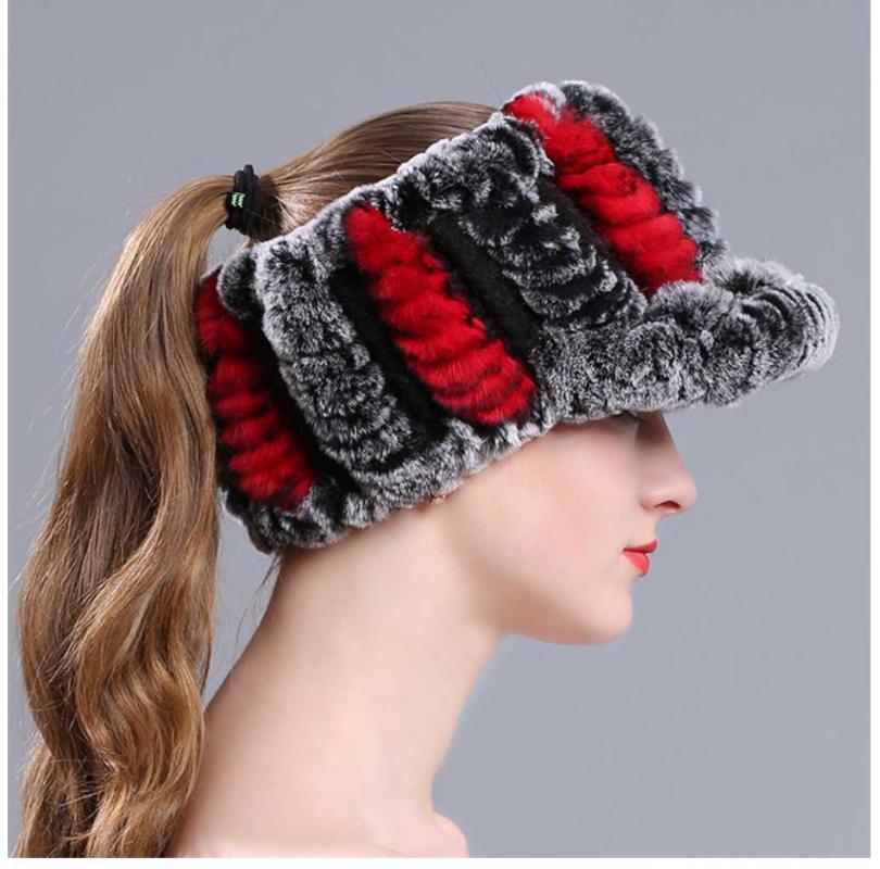 

Fashion Empty Top Hats for Winter Rex Fur Hat Women Knitted Striped Thicken Ladies Cold Beanies Warm Cap Bonnet Femme, C1