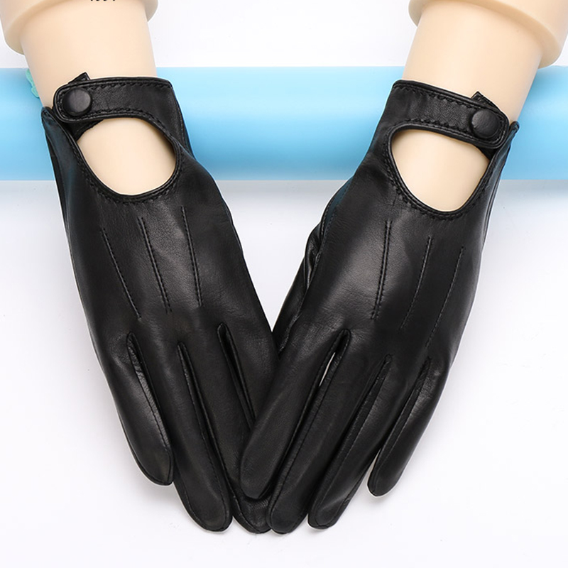 

Genuine Leather Gloves Female Fashion Elegant Sheepskin Thin Style Unlined Spring Black White Woman's Gloves TE1002