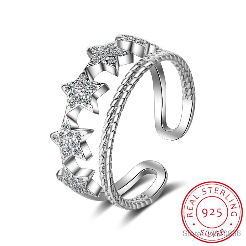 

Zirconia Double Line Star Adjustable Ring For Women 925 Sterling Silver Rings For Girl Fashion Ring Bague JZ254