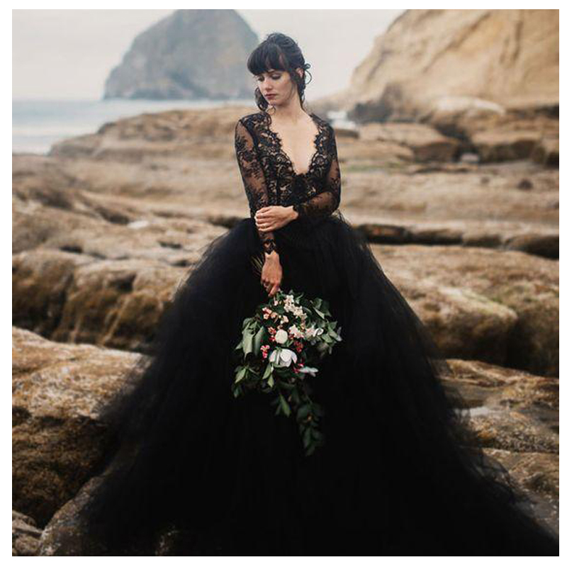 

SoDigne 2018 Black Wedding Dresses Top Lace Chiffon vestido de noiva bride dress New Arrival Zip Back Wedding Dresses, Ivory