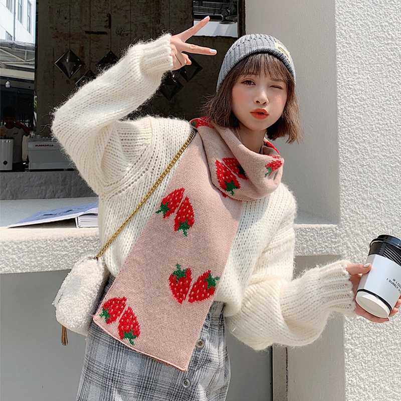 

Korean autumn and winter new arrival scarf men and women couple long soft outdoor scarf warm Strawberry print cute small