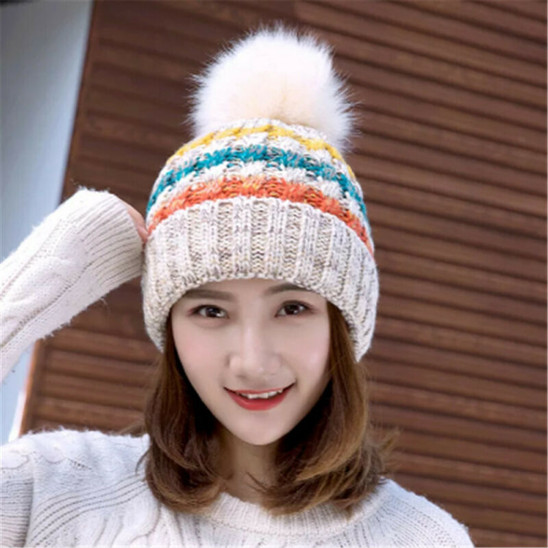 

Warm Women Winter Gear Hat Cashmere Wool Knitted Large Fur Pom Pom Beanie Croche Hats /BY, Black