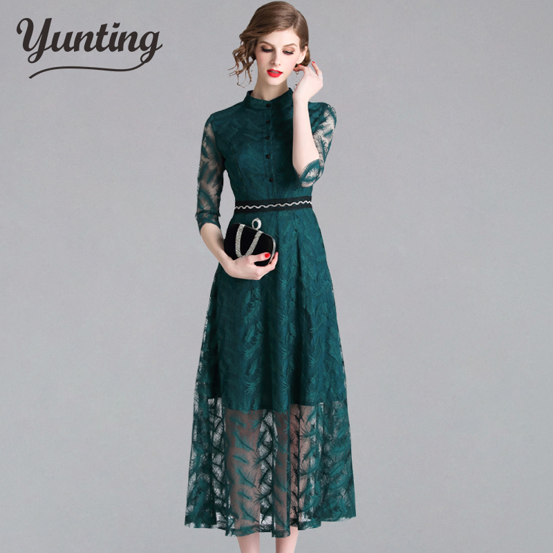 

Women Work Casual Long Dress Fashion Hollow Out Jacquard Lace Dresses Vintage Big Swing Slim Evening Party Vestidos, Green