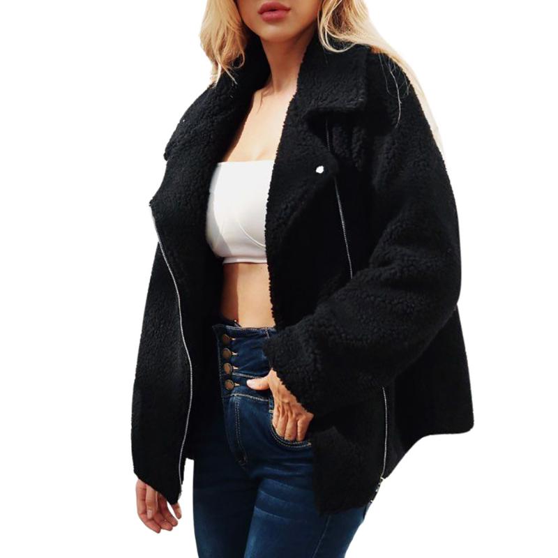 

Women Faux Fur Coat Teddy Bear Jacket female Plush Fur Fake Coat Artificial Wool Zipper Jacket Winter Parka Outerwear, Black