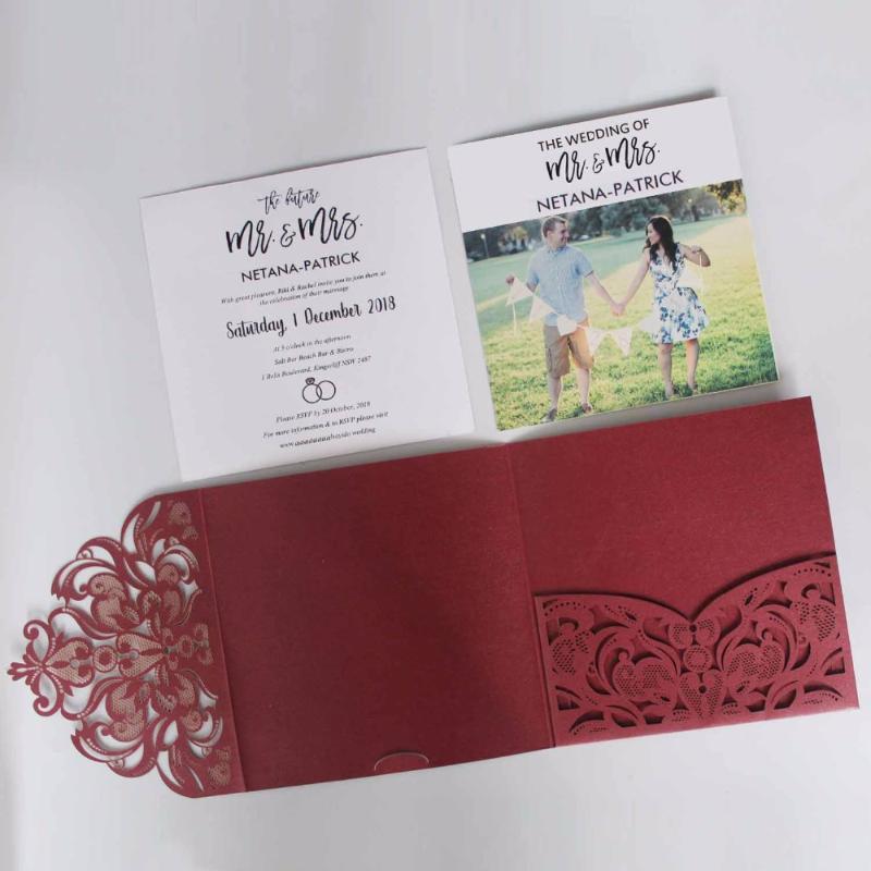 

Elegant Laser Cut Wedding Invitation Set Burgundy Pocket Fold Invitation Unique Wedding Invite With Photo - Set of 50 pcs