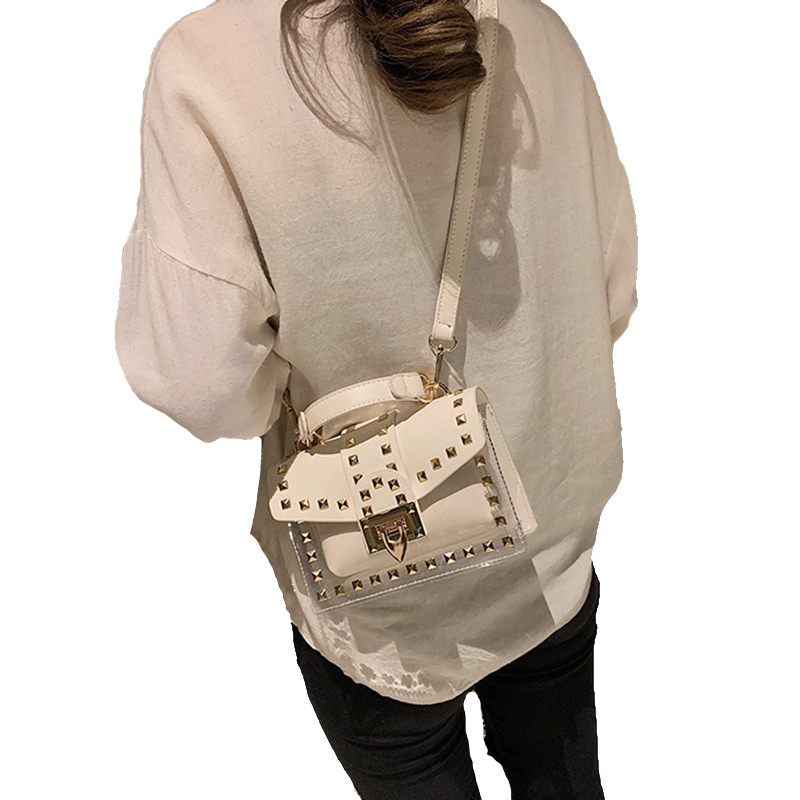 

Women Messenger Bags PU+PVC Transparent Jelly Bag Summer Girl Fashion Rivet Chains Beach Shoulder Bag Flap(White)