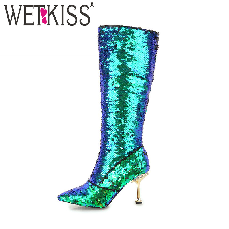 

WETKISS Plus Size 32-43 Thin High Heels Women Boot Bling Pointed Toe Footwear Knee High Female Boots Rubber Shoes Women Black