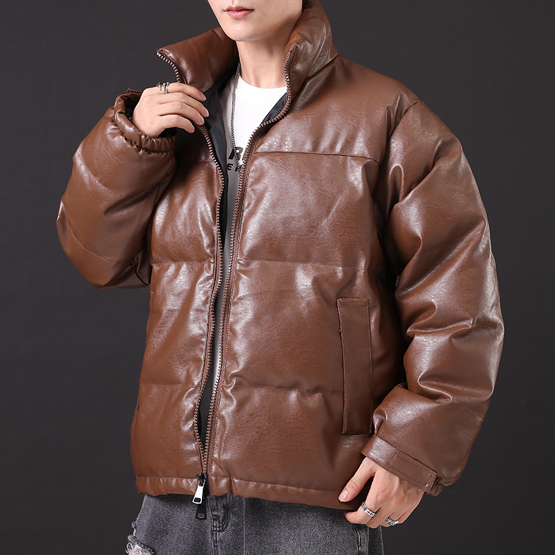 

2020 Men's New Winter Thick PU Leather Parkas Men's Short Bread Parkas Stand Collar Loose Warm Jacket, Black
