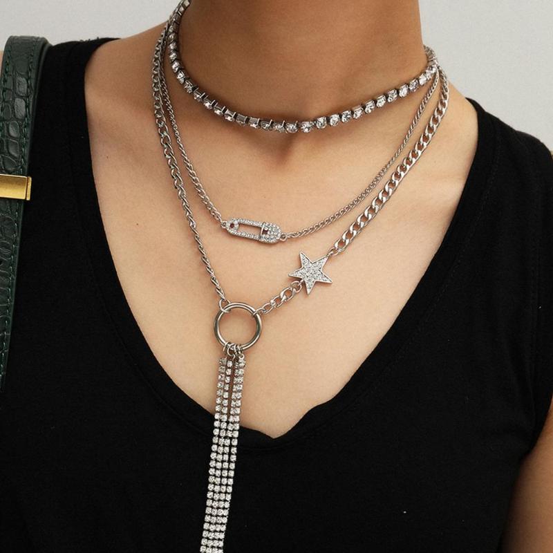 

Multi Layer Shiny Crystal Star Tassel Pendant Choker Necklace Steampunk Hip Hop Party Club Necklace Jewelry Female Gift