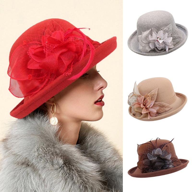 

Elegant Formal Women Wool Hat Warm Felt Winter Fedora Cap Flowers Cloche Bowler Hat Ladies Party Wedding Bucket#p5, Black