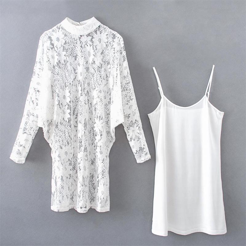

2020 early autumn European and American women' fashion all-match slim long-sleeved lace two-piece stand-up collar dress, White