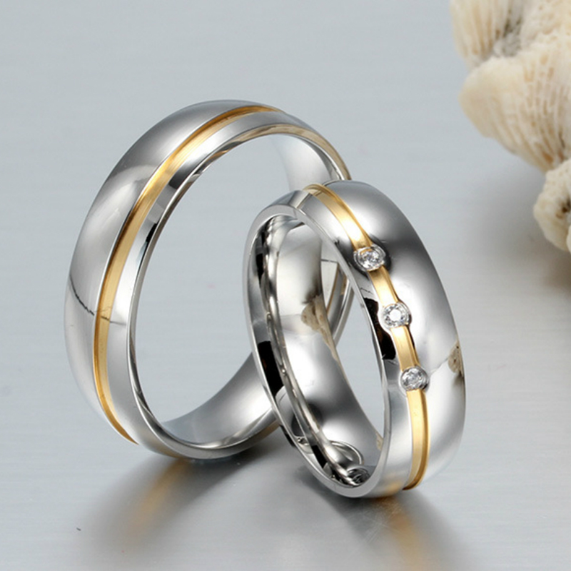 

6mm Stainless Steel Gold Wire Zircon Couple Ring Sweet Romantic Wedding Ring Fashion Men and Women Jewelry Accessories