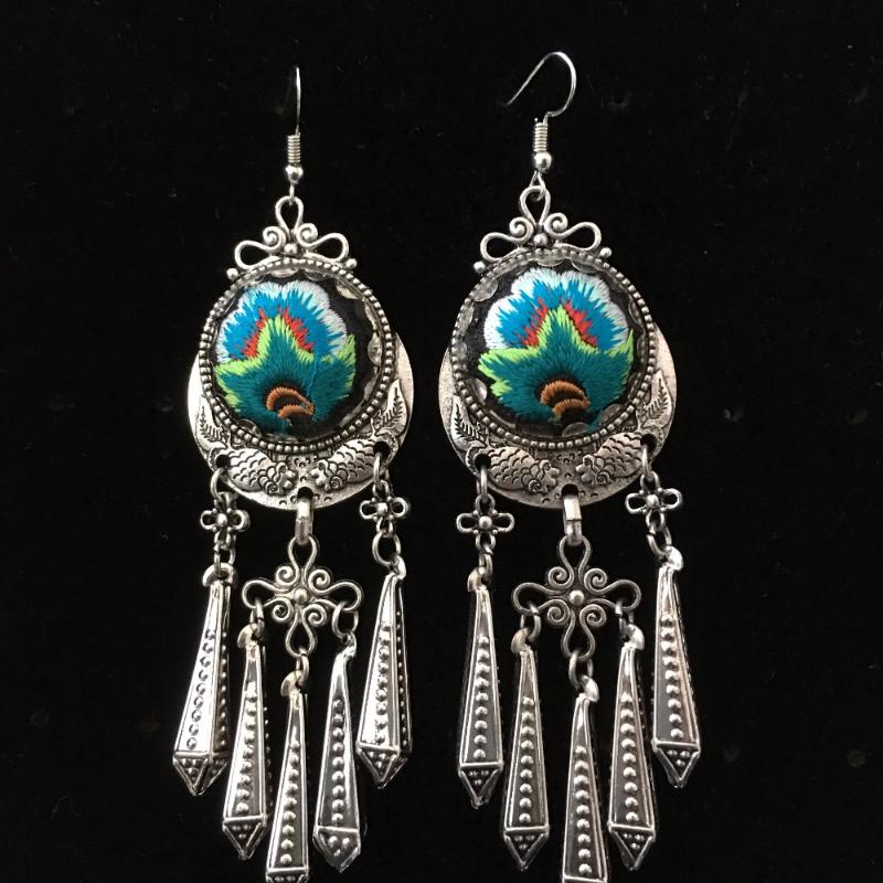 

China Thailand Boho Vintage Tibetan Silver Tassels Ear Hook Tribal Earrings Handmade Blue Flower Long Hanging Earrings