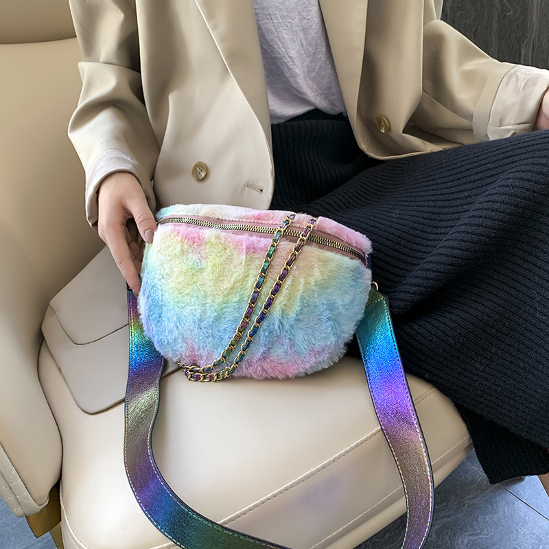 

Girl Rainbow Fur Chest Bag Design Crossbody Bags For Women 2020 New Fashion Plush Waist Pocket Lady Chain Handbags And Purses, Multi