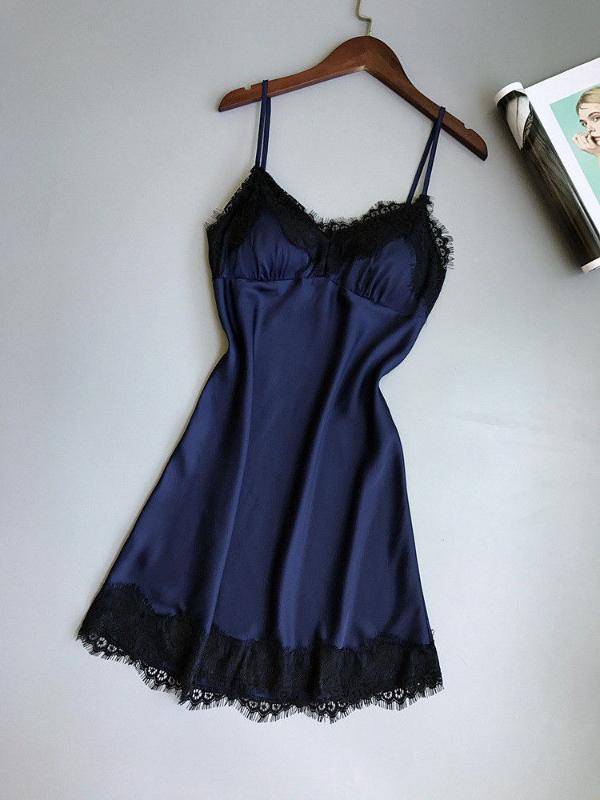 

Women Nightgown Sexy Lace Sleepwear V Neck Dress Strap Spaghetti Ladies Nightwear Sleep Wear Night Gown Lingerie Dress, Black