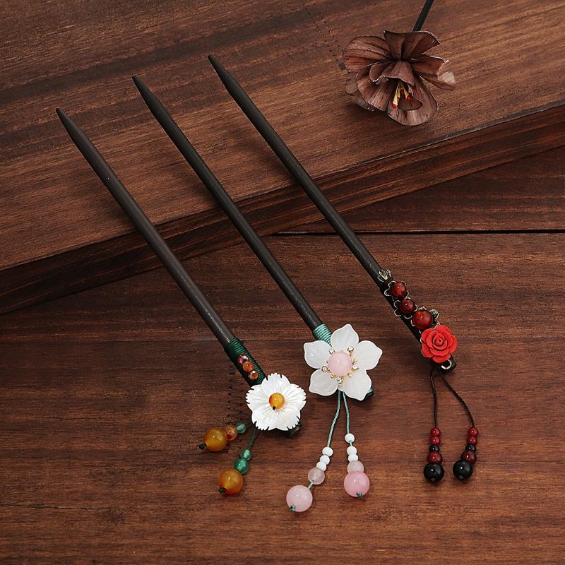 

Vintage Style Women Hair Chopstick Invisible Hair Stick Handmade red pink flower Wood Hairpins Styling Tools Accessories