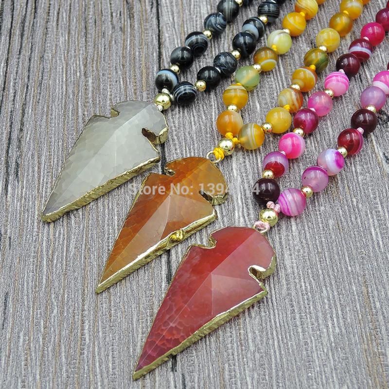 

Mixed Colors Faceted Point Agat Arrow Pendant & Striped Agat Round Beads Knot Handmade Necklace 24inch Or 30inch