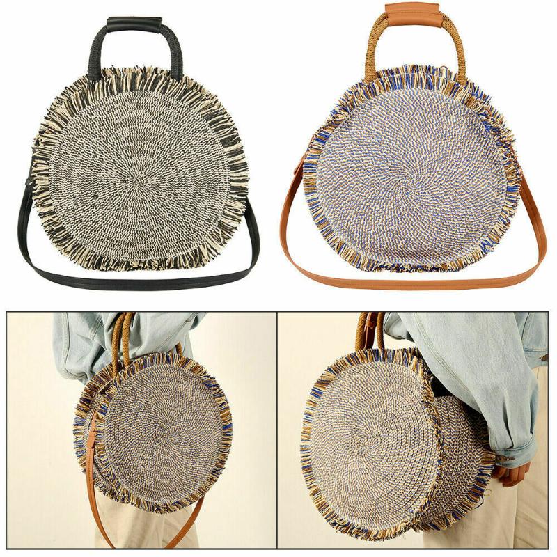 

Round Rattan Bag Handmade Straw Woven Circle Crossbody Handag for Women, Black