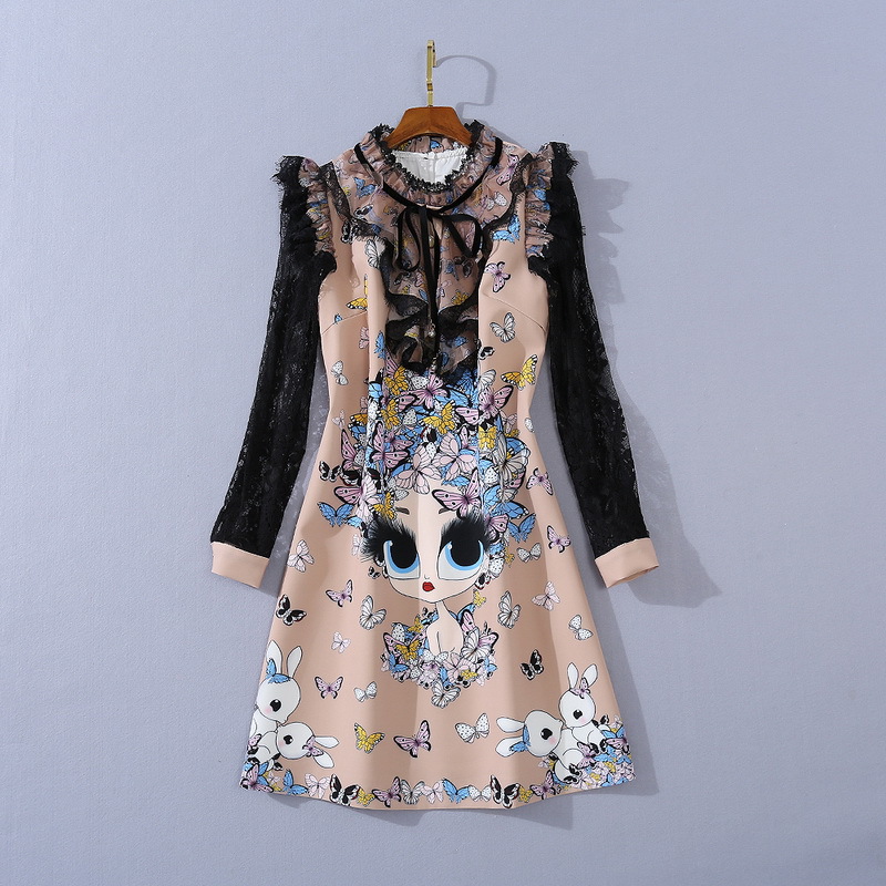 European and American women's wear 2020 winter new style Lace long - sleeved stand-up collar Cartoon printing Fashionable dress-image-590222524