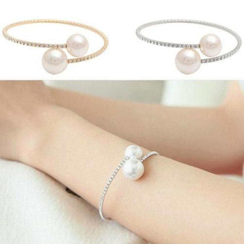 

1pc Bracelet women girls elegant rhinestone crystal double pearl Beads Bangles hoop bracelet bangle gift