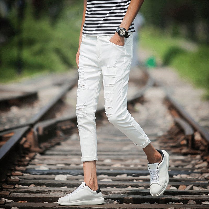 

Men Nine Part Jeans Teenagers Self-cultivation Bound Feet Holes Denim Pants, Ragged denim