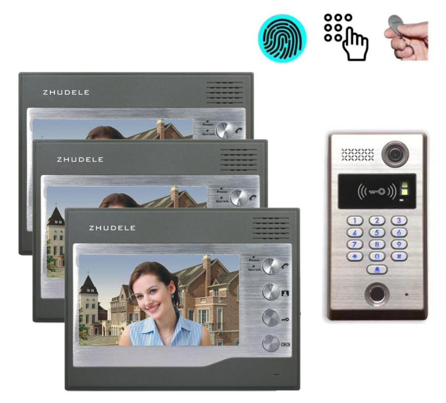 

ZHUDELE Top Quality Home Security 7" Video Door Phone/Audio Door Bell 700TVL CCD Camera Fingerprint/ID Card/Password Unlocking