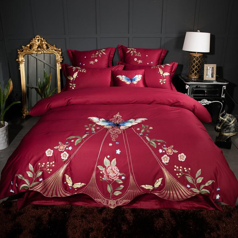 

4/7Pcs Luxury Egyptian Cotton Butterfly Embroidery Oriental Bedding set Queen King size Duvet cover Bed linen sheet set Pillow