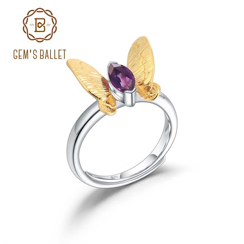 

GEM'S BALLET 925 Sterling Silver Adjustable Open Handmade Ring Natural Amethyst Gemstone Butterfly Rings For Women Jewelry