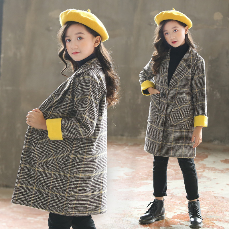 

2020 new winter cotton girls mid-length coat children's clothing kids casual wear V-neck plaid woolen coat 4-14y, As picture