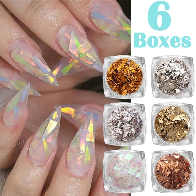 

6 Colors/Kit Bling 3D Sequins Nail Sticker Sparkling Irregular Cellophane Paper Flake Stickers UV Gel Nail Art Decorations