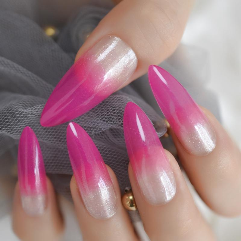 

Bright Pink Ombre French Nail Extra Long Stiletto False Nails Gradient Shimmer Faux Ongle Pointed Tips with Adhesive Tabs 24, L5209