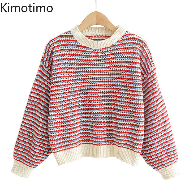 

Kimotimo Long Sleeve Striped Sweater O-neck Kniited Jumper Loose Casual High Street Vintage Casual Kawaii Women Sweater Tops, Orange