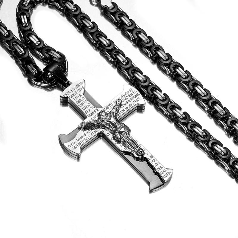 

New Arrive Silver Color/Black Jesus Crucifixion Cross Necklace Stainless Steel 6mm Byzanine Chain Crucifix Pendant Jewelry18-40