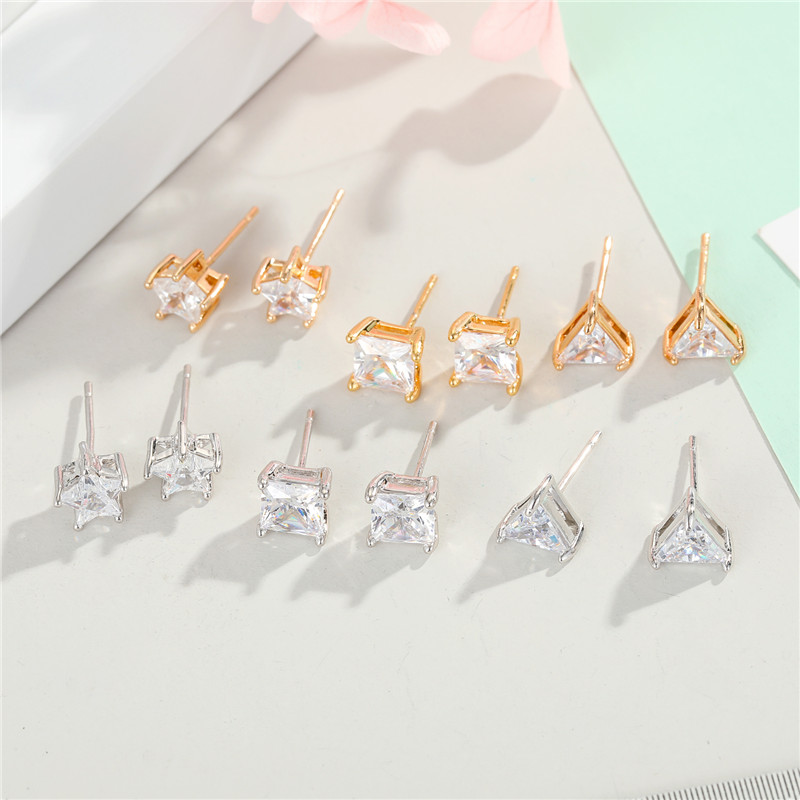 

1Pair Minimalist Shiny Star Triangle Zircon Stud Earrings For Women Trendy Clear Crystal Square Geometric Small Ear Stud Jewelry