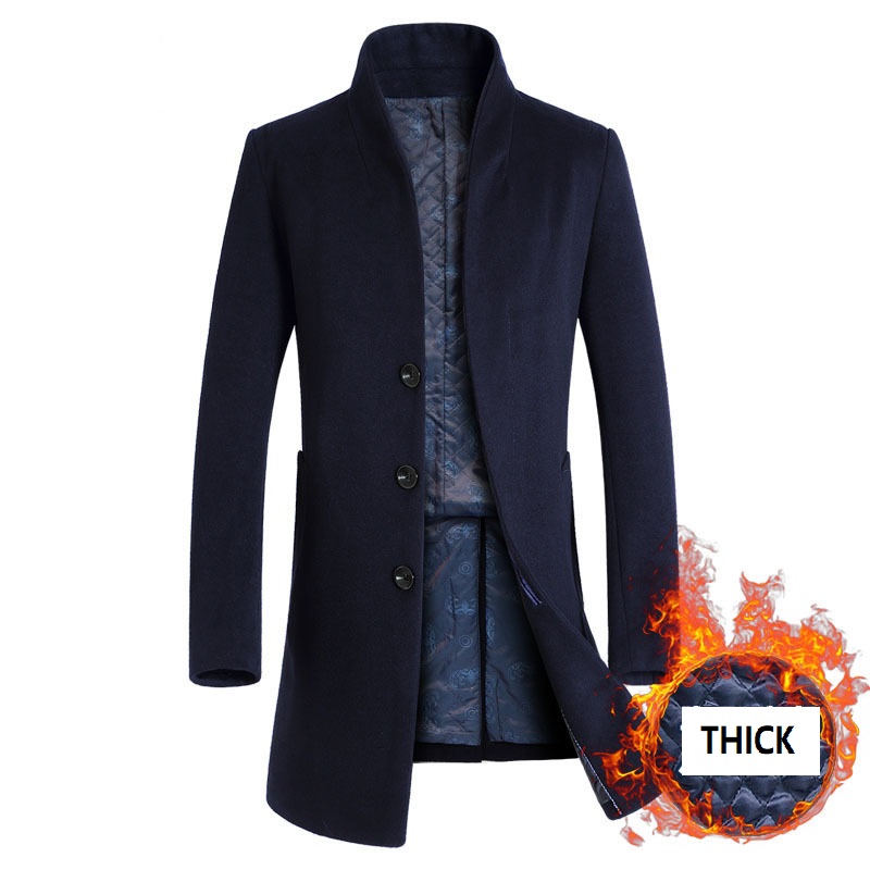 

KUYOMENS -6XL Thickened Men Coats Jackets Winter Warm Solid Color Woolen Trench Blends Slim Long Coat men trench coat Plus Size, Black