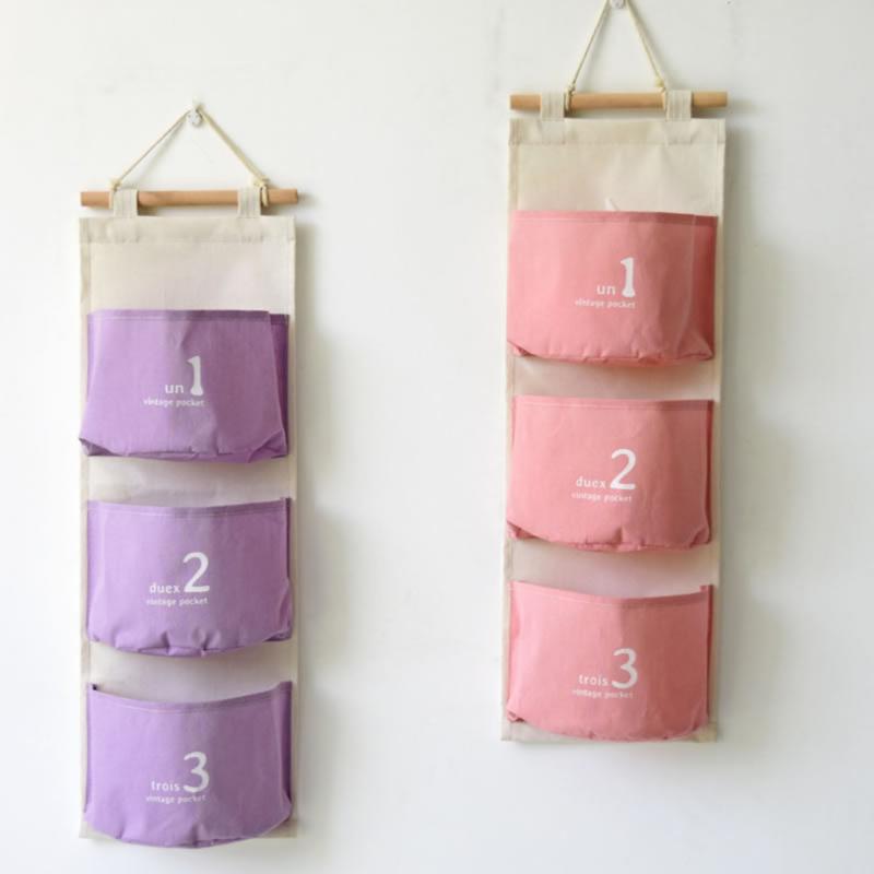 

storage hanging bag Cotton hanging bag organizer Cotton Linen Wall Suspension type 3-Pocket Organizer Storage L0717
