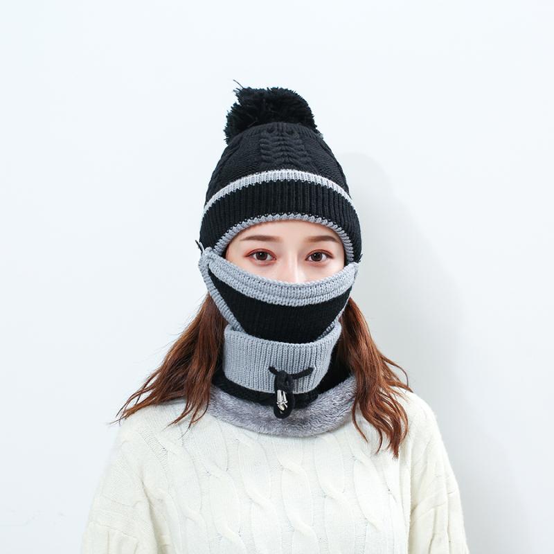

Winter Women's Knitted Wool Warm Hat Caps Neck Collar Three PCS Set Motor Driver Windproof Beanies Hat Scarf Mask Set For Women, Black