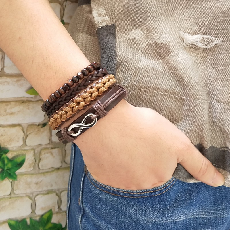 

New Fashion Leather & bangle Men 4 pcs 1 Set Multilayer Bead Wristband Vintage Handmade Bracelet Pulseira