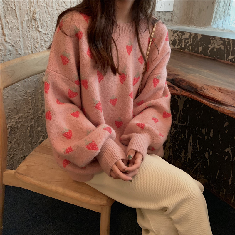 

Women's Oversize Sweater Sweet Strawberry Knitted Sweater Women Korean Jumper Loose Outerwear Jacket Oversized, Beige