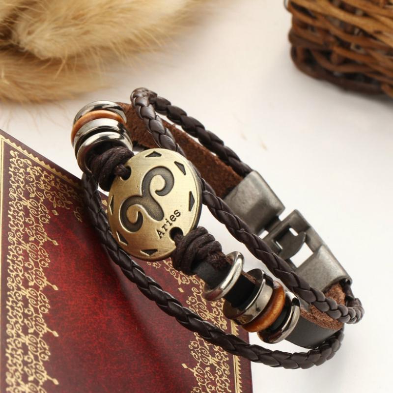 

M MISM Fashion Leather Bracelet Men Anchor Retro Weaving Bracelet Alloy 12 Constellation Bangle Couples Hand Catenary