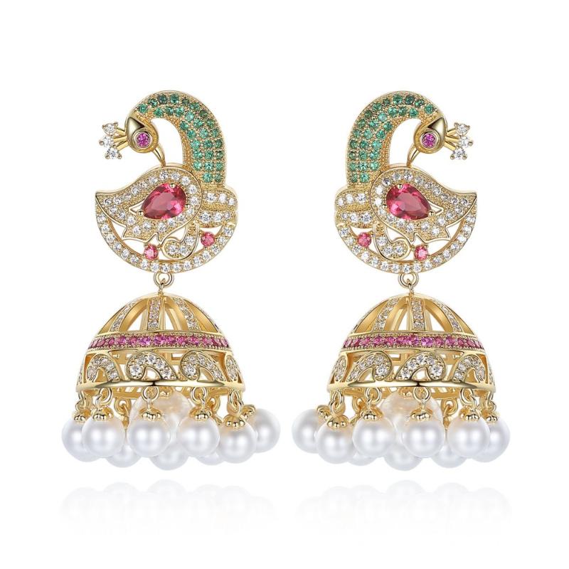 

Bollywood Jhumka Pearl Earrings Artificial pearls Golden Plated Peacock Jhumki Chandelier Bride Luxury Elegant Jewellery