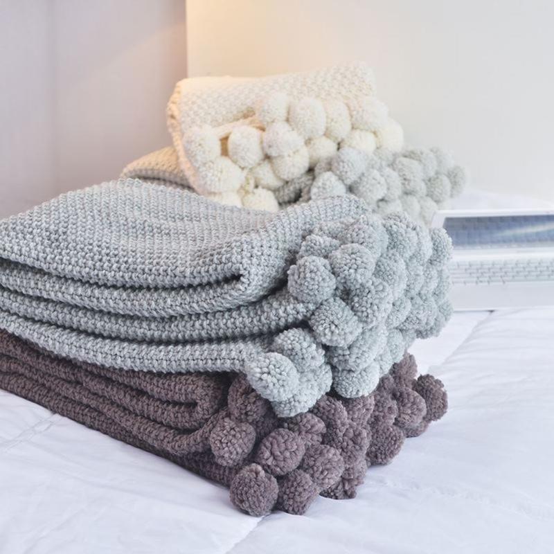 

Nordic Soft Reversible Pom Pom Knitted Throw Crochet Blanket Cotton Rug Bed Sofa Home Decoration