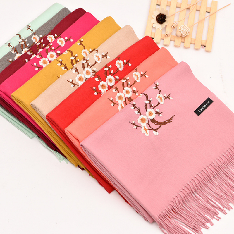 

Best Gift To Mom Plum Blossom Double Embroidered Wine Scarf Women Cashmere Lady Tassel Fashion Elegant Female Scarves