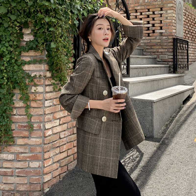 

JuneLove 2020 Vintage Plaid Women Jacket Notched Collar Double-breasted Street Female Suit Jacket Spring Casual Blazer Outwears, Picture color