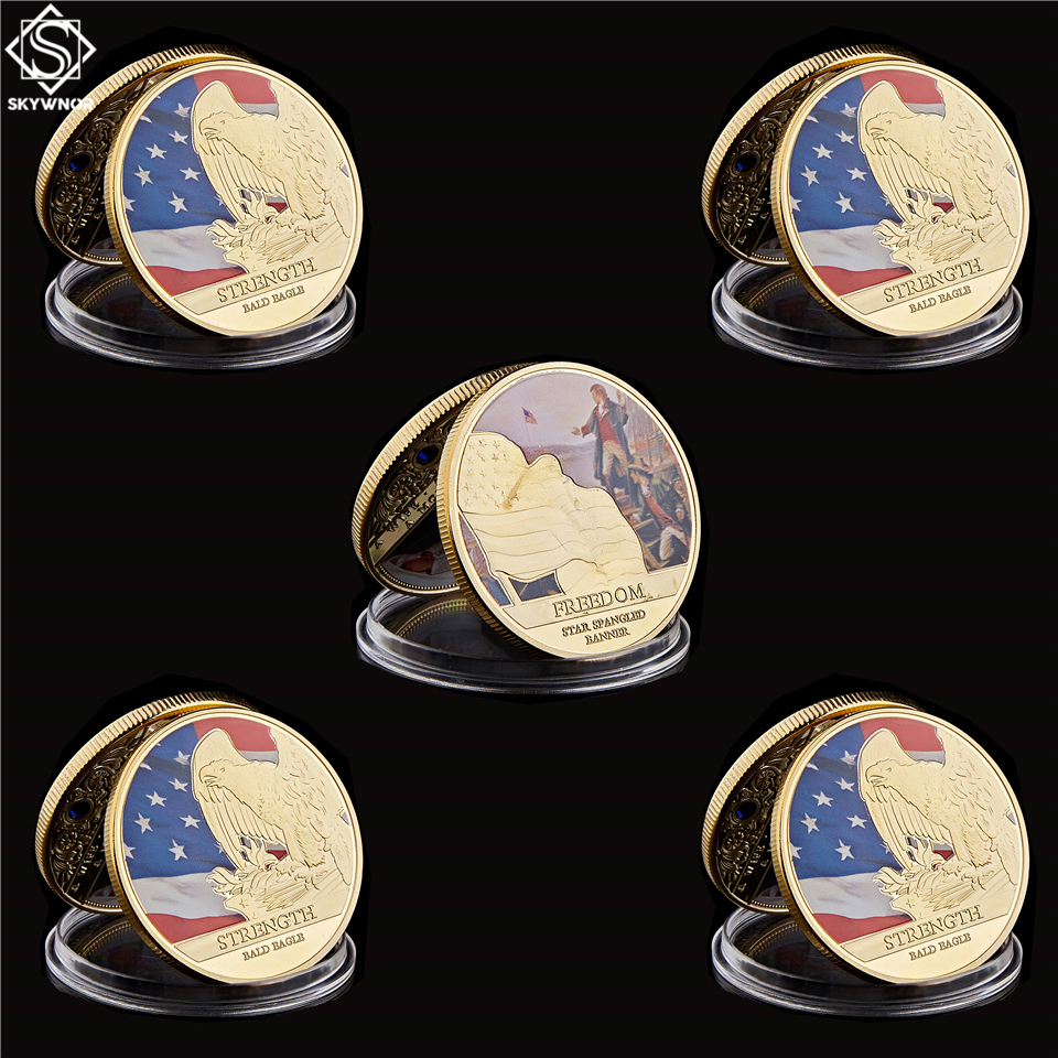 5PC USA Freedom Bald Eagle Strength Craft Statue of Liberty Gold Token Value Commemorative Coins Collection-image-587010978