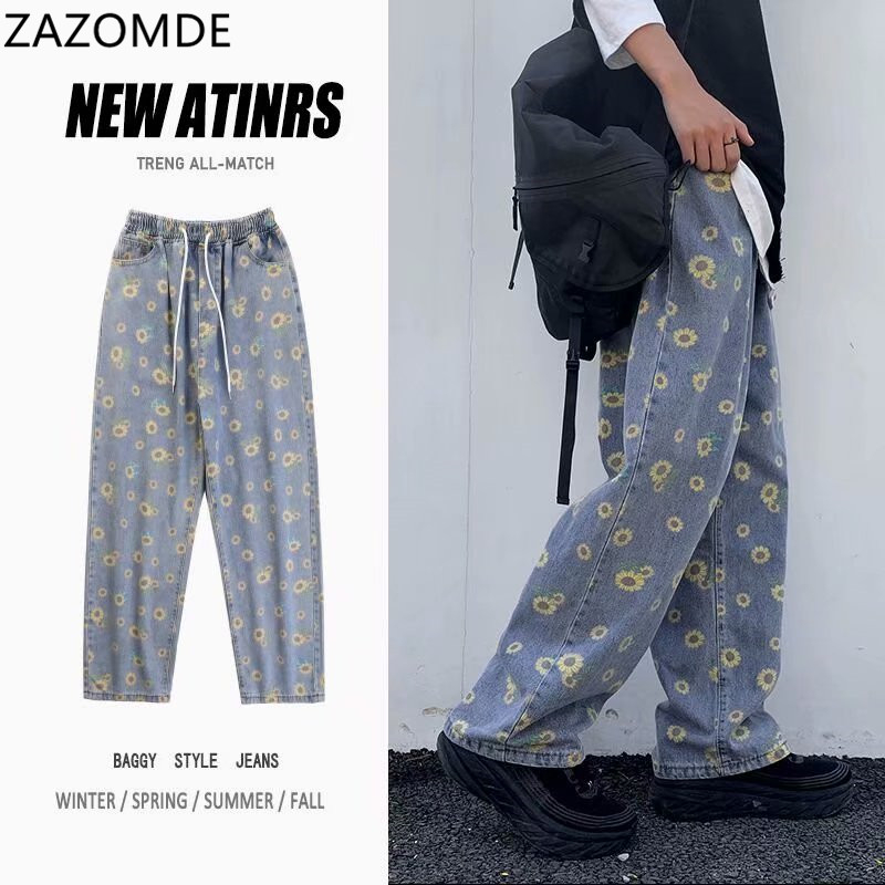 

ZAZOMDE Men' Daisy Printing Summer Straight Jeans Man 2020 Fashion Hip Hop Jeans Joggers Male Loose Denim Pants Clothing, E922blue
