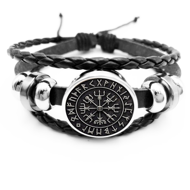 

initial / New Hot Sale Vegvisir Viking Compass Snap Button Bracelet Jewelry Glass Cabochon Black Bracelet Jewelry