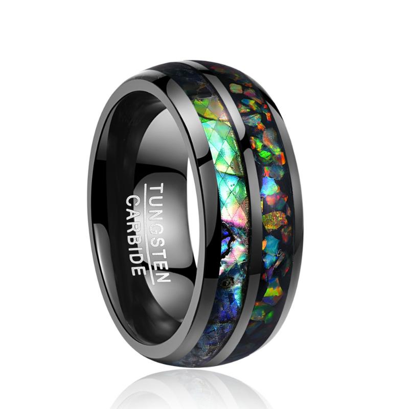 

men rings electroplated black inlaid shells Opal dome tungsten steel ring size 7/8/9/10/11/12