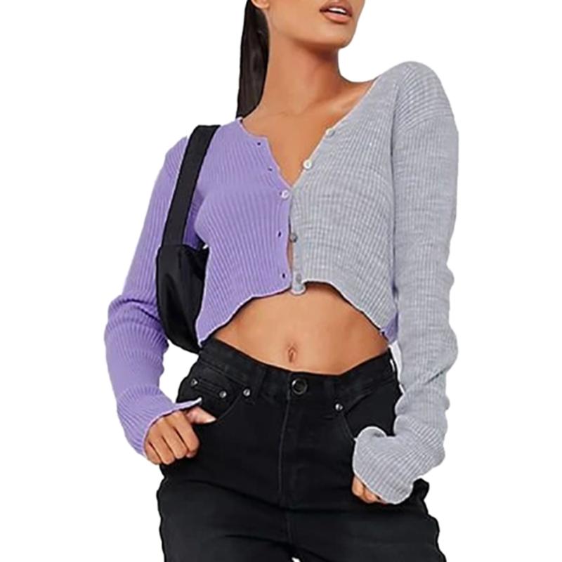 

Women Knitted Sweater Patchwork Crop Top Button V Neck Knitwear Sweater Long Sleeve Pullovers Slim Female