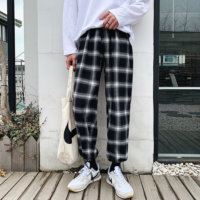 

Autumn Korean Plaid Pants Men' Fashion Retro Casual Pants Men Streetear Wild Loose Hip-hop Straight Trousers Mens -2XL, Black
